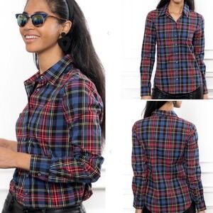 The Shirt Rochelle Behrens Button Down Plaid Cotton Long Sleeve Red Woven XL